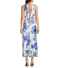 Midnight Doll Satin Floral Printed V-Neck Drape Back Dress