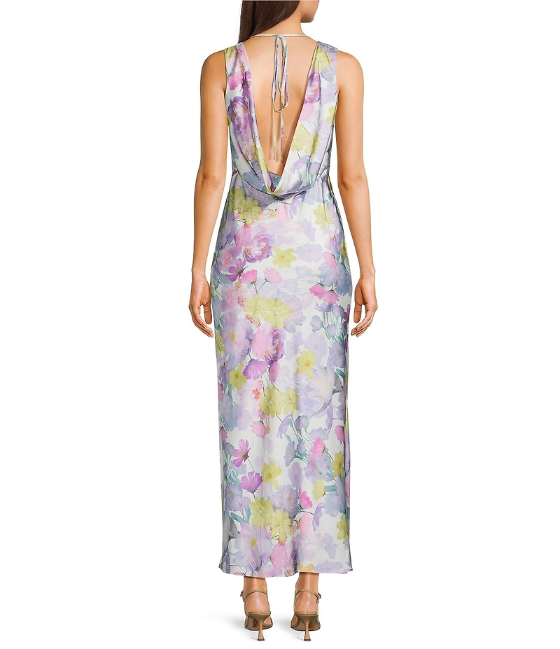 Midnight Doll Satin Floral Printed V-Neck Draped Back Maxi Dress
