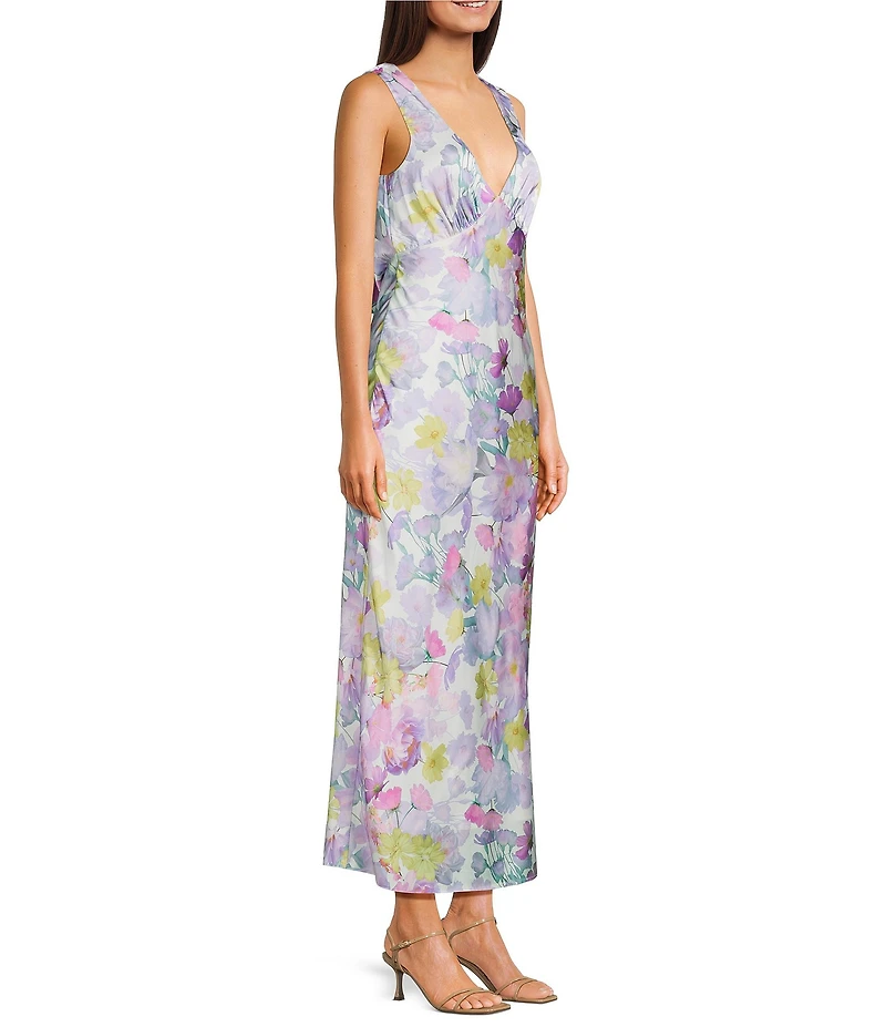 Midnight Doll Satin Floral Printed V-Neck Draped Back Maxi Dress
