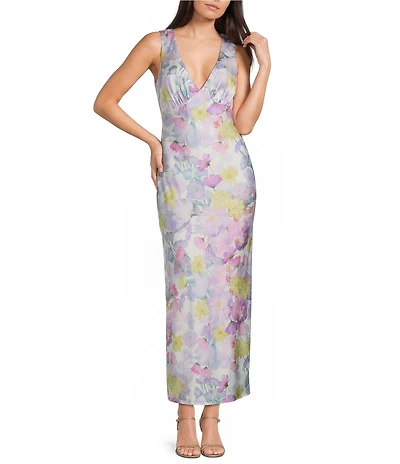 Midnight Doll Satin Floral Printed V-Neck Draped Back Maxi Dress
