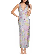 Midnight Doll Satin Floral Printed V-Neck Draped Back Maxi Dress