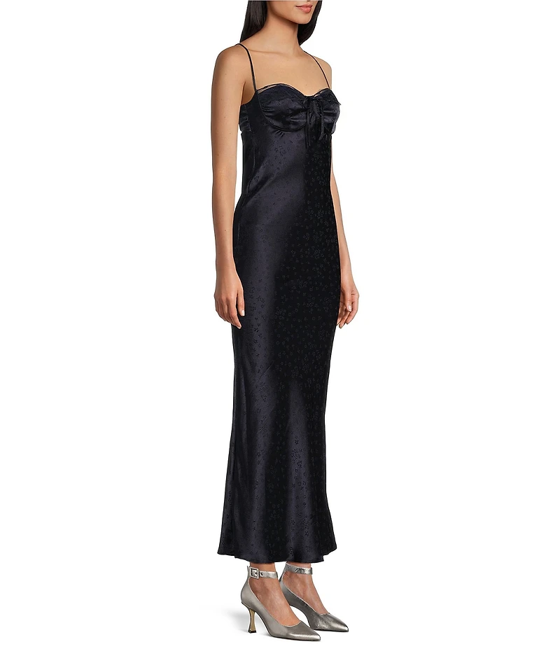 Midnight Doll Satin Jacquard Spaghetti Strap Back Cut Out Long Dress