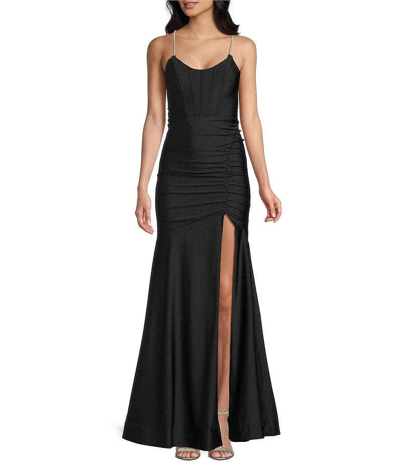 Midnight Doll Satin Jersey Knit Rhinestone Strap Corseted Ruched Ballgown