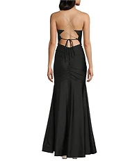 Midnight Doll Satin Jersey Knit Rhinestone Strap Corseted Ruched Ballgown