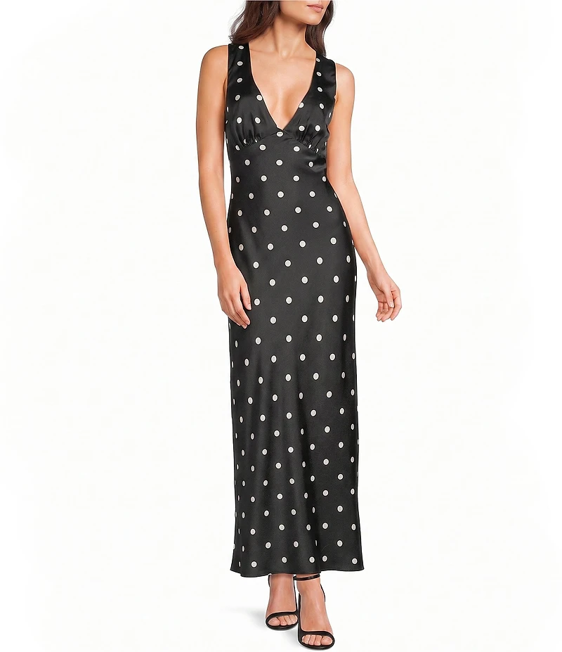 Midnight Doll Satin Polka Dot V-Neck Sleeveless Drape Back Dress