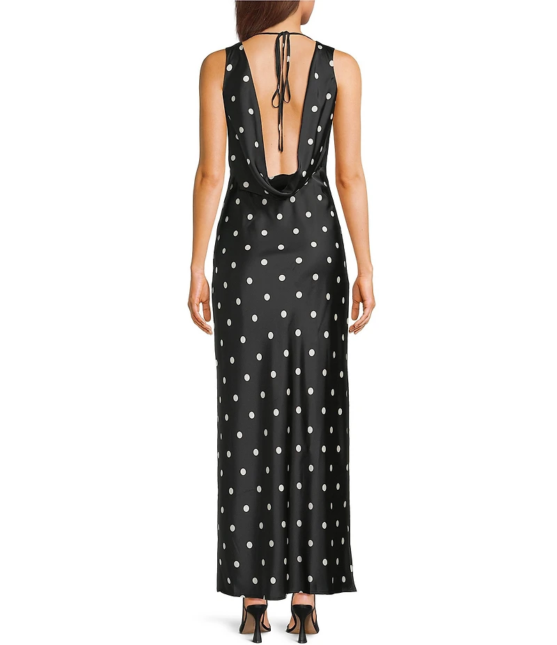 Midnight Doll Satin Polka Dot V-Neck Sleeveless Drape Back Dress