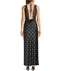 Midnight Doll Satin Polka Dot V-Neck Sleeveless Drape Back Dress