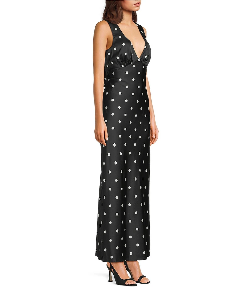 Midnight Doll Satin Polka Dot V-Neck Sleeveless Drape Back Dress
