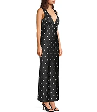 Midnight Doll Satin Polka Dot V-Neck Sleeveless Drape Back Dress