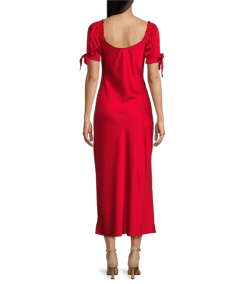 Midnight Doll Satin Puff Short Sleeve V-Neck Dress