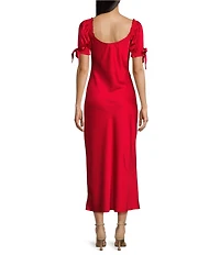 Midnight Doll Satin Puff Short Sleeve V-Neck Dress