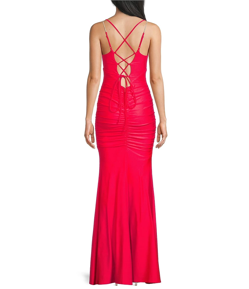 Midnight Doll Satin Rhinestone Strap Detail Lace-Up Back Long Dress
