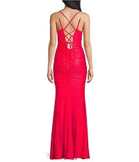 Midnight Doll Satin Rhinestone Strap Detail Lace-Up Back Long Dress