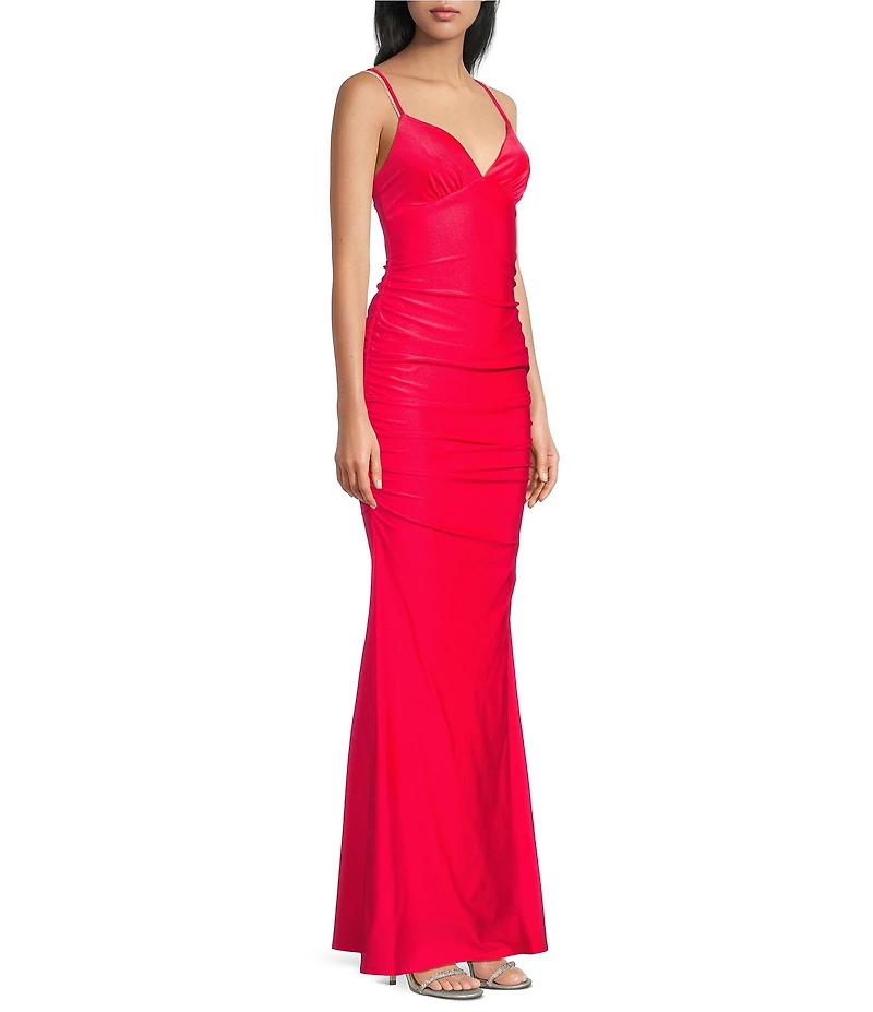 Midnight Doll Satin Rhinestone Strap Detail Lace-Up Back Long Dress