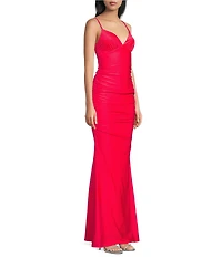 Midnight Doll Satin Rhinestone Strap Detail Lace-Up Back Long Dress