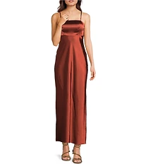 Midnight Doll Satin Square Neck Drape Back Long Dress