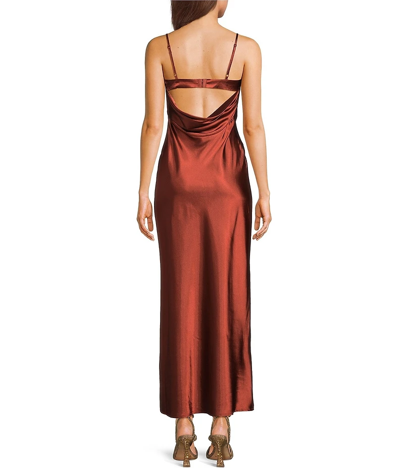 Midnight Doll Satin Square Neck Drape Back Long Dress