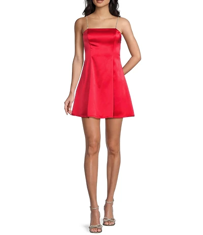 Midnight Doll Satin Square Neck Rhinestone Bow Spaghetti Strap A-Line Mini Dress