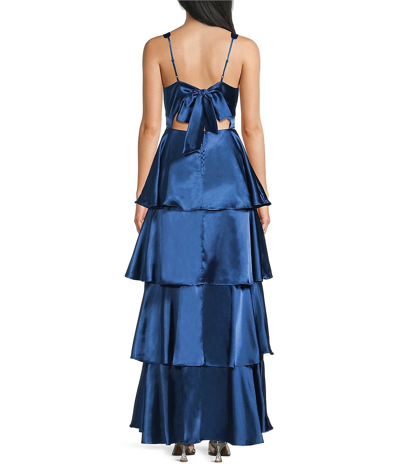 Midnight Doll Satin Sweetheart Neck Tiered Ruffle Long Dress