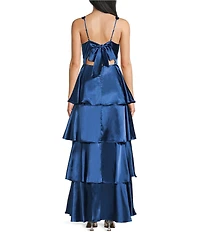 Midnight Doll Satin Sweetheart Neck Tiered Ruffle Long Dress