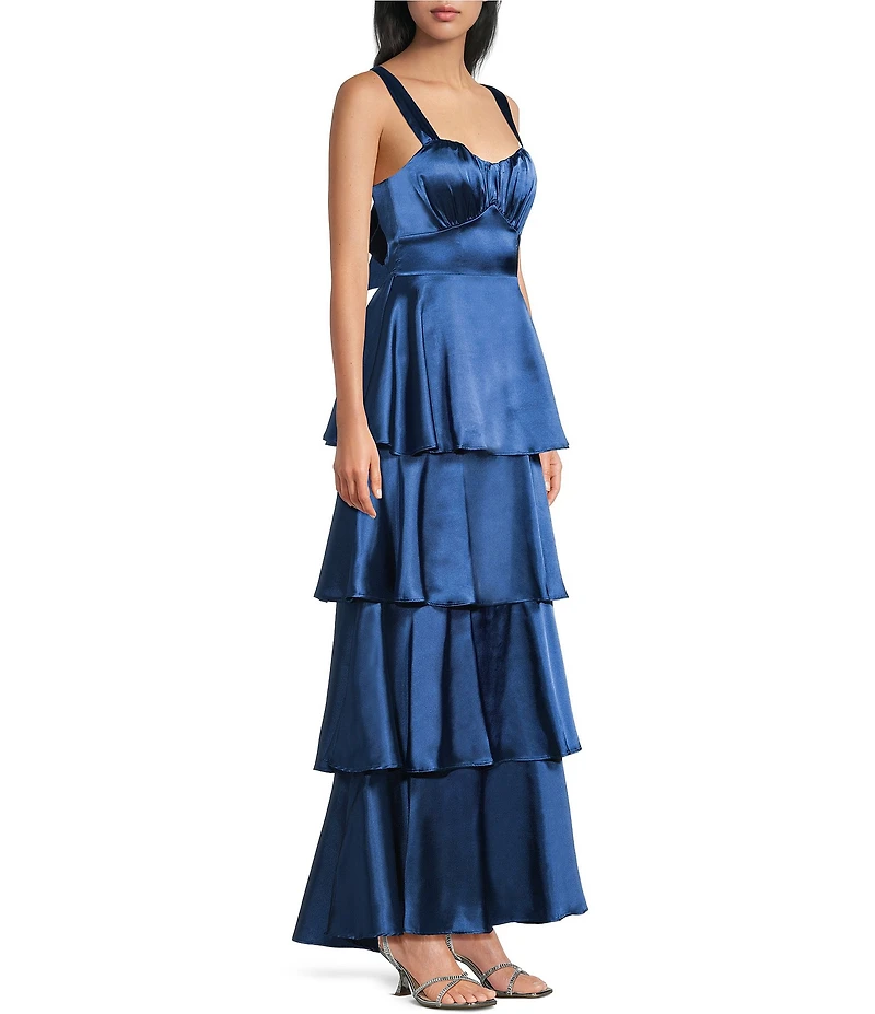 Midnight Doll Satin Sweetheart Neck Tiered Ruffle Long Dress