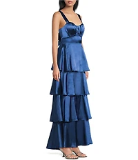 Midnight Doll Satin Sweetheart Neck Tiered Ruffle Long Dress