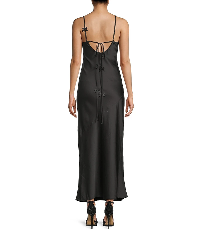 Midnight Doll Satin V-Neck Bow-Accented Maxi Dress