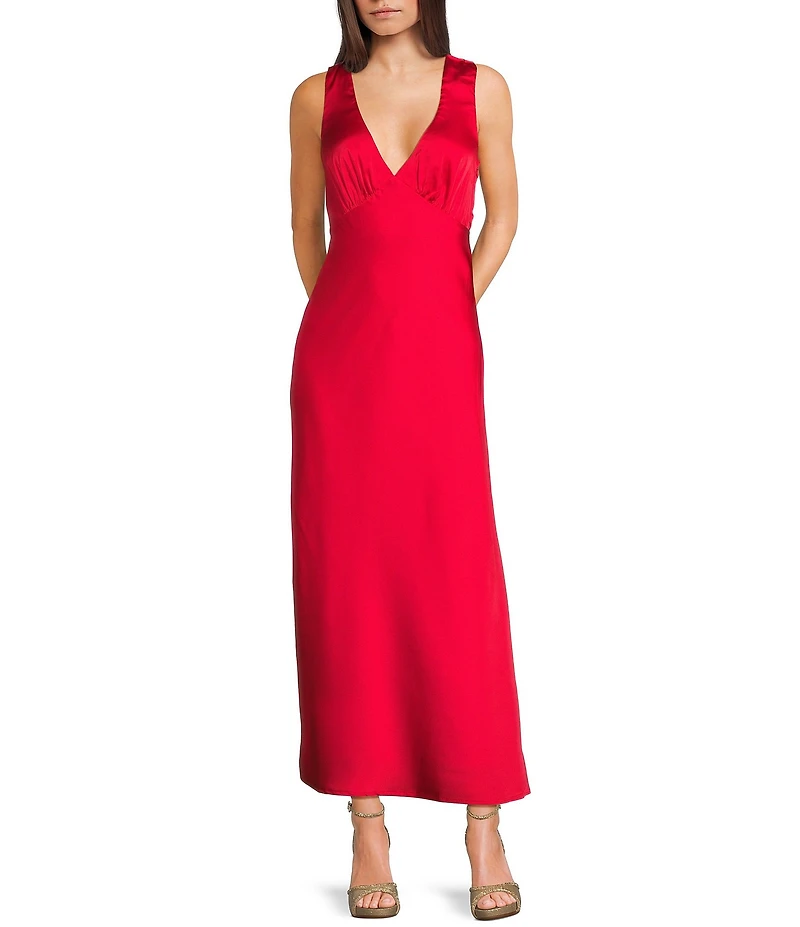 Midnight Doll Satin V-Neck Sleeveless Back Drape Dress