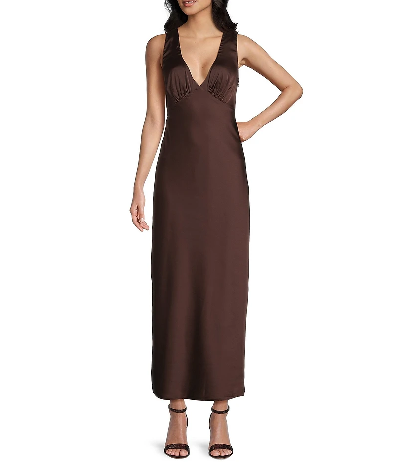 Midnight Doll Satin V-Neck Sleeveless Back Drape Dress
