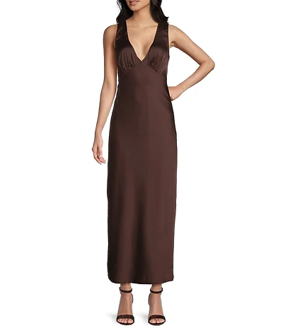 Midnight Doll Satin V-Neck Sleeveless Back Drape Dress