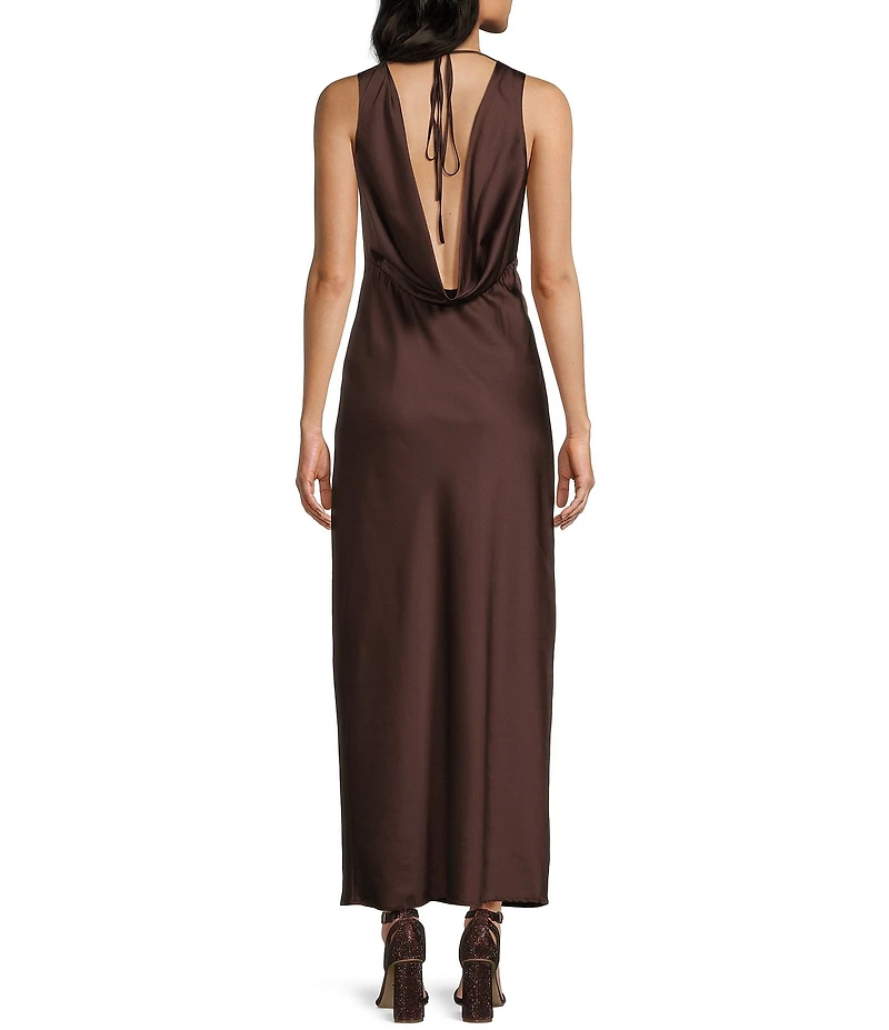 Midnight Doll Satin V-Neck Sleeveless Back Drape Dress