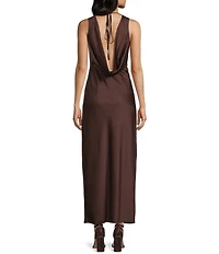 Midnight Doll Satin V-Neck Sleeveless Back Drape Dress