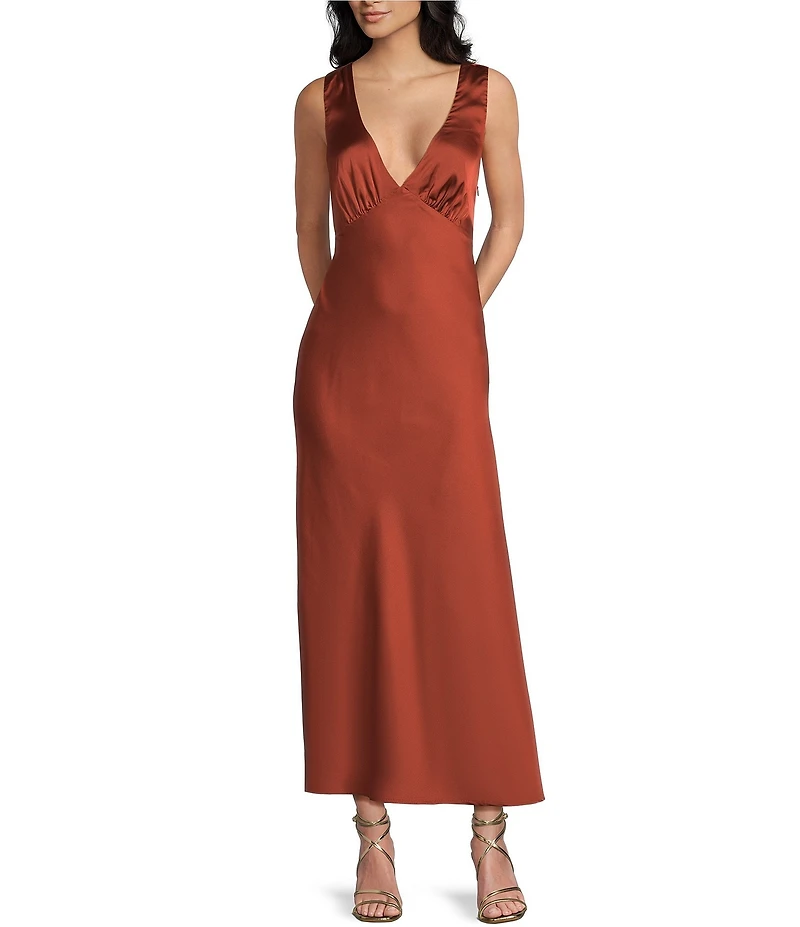 Midnight Doll Satin V-Neck Sleeveless Back Drape Dress