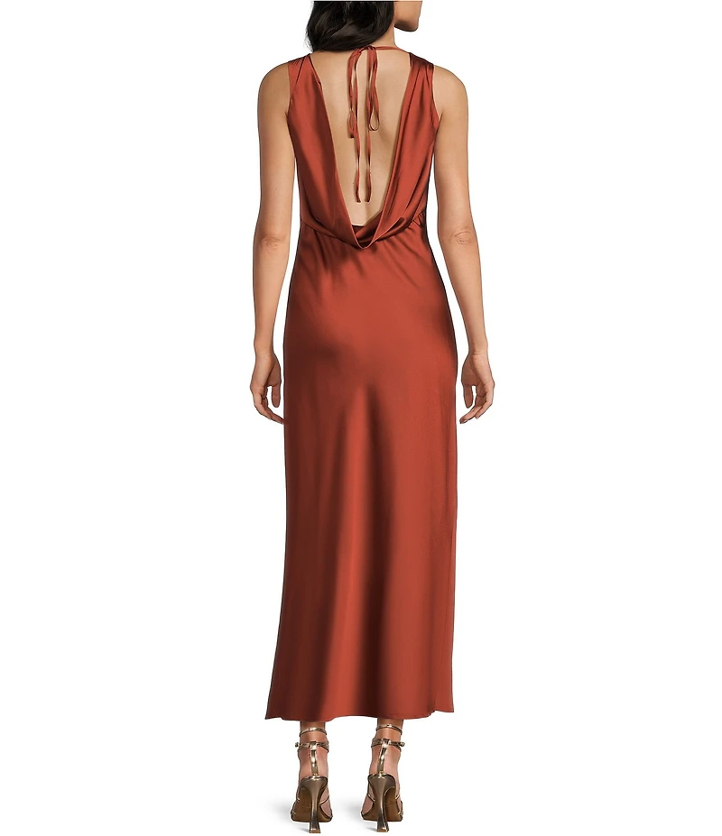 Midnight Doll Satin V-Neck Sleeveless Back Drape Dress