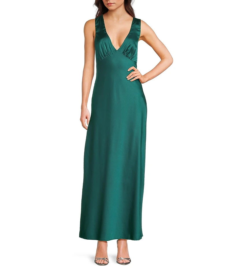 Midnight Doll Satin V-Neck Sleeveless Back Drape Dress