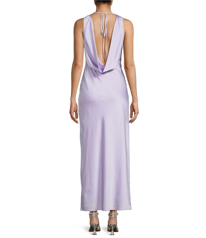 Midnight Doll Satin V-Neck Sleeveless Back Drape Dress