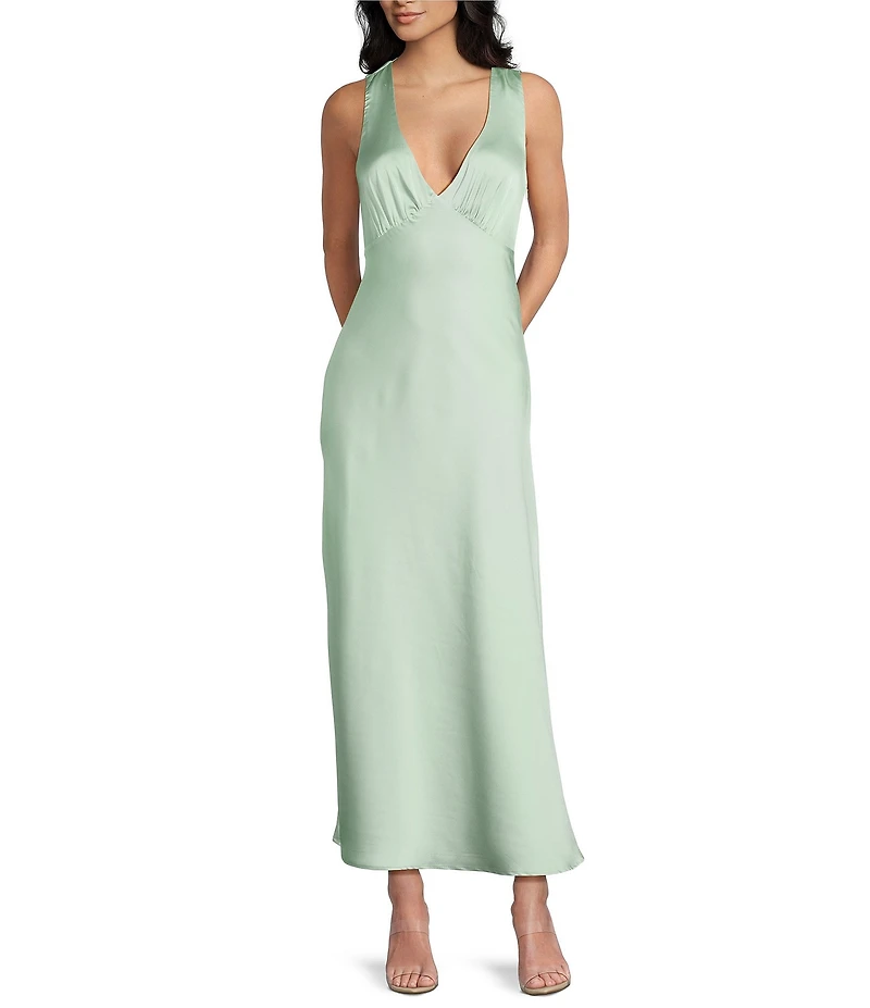 Midnight Doll Satin V-Neck Sleeveless Back Drape Dress