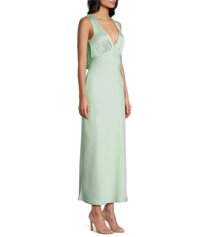 Midnight Doll Satin V-Neck Sleeveless Back Drape Dress