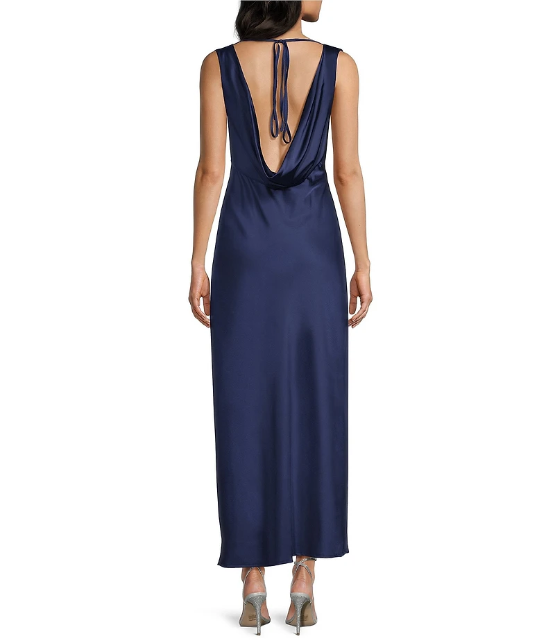 Midnight Doll Satin V-Neck Sleeveless Back Drape Dress