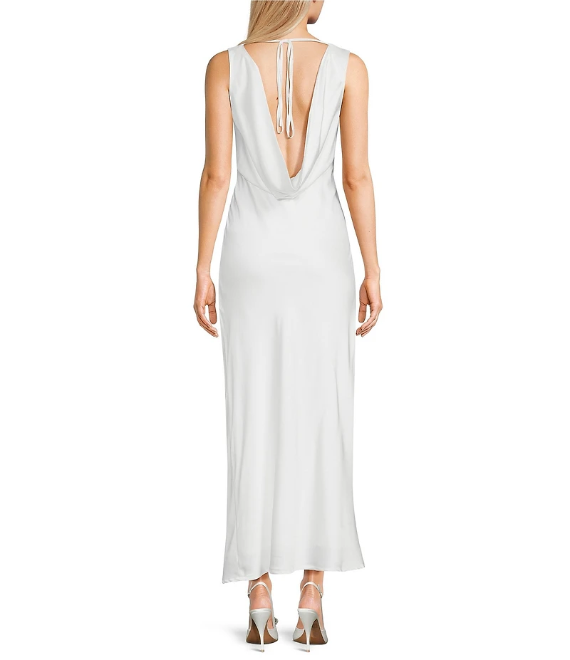 Midnight Doll Satin V-Neck Sleeveless Back Drape Dress