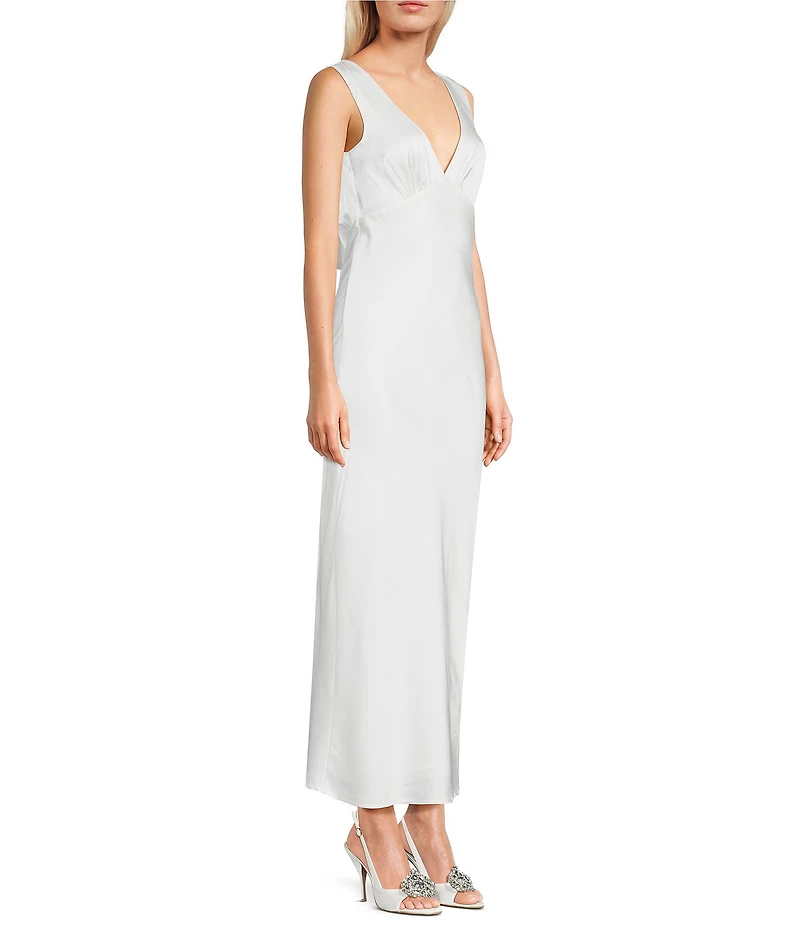 Midnight Doll Satin V-Neck Sleeveless Back Drape Dress