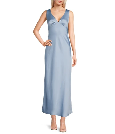 Midnight Doll Satin V-Neck Sleeveless Back Drape Dress