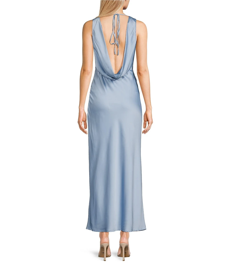 Midnight Doll Satin V-Neck Sleeveless Back Drape Dress