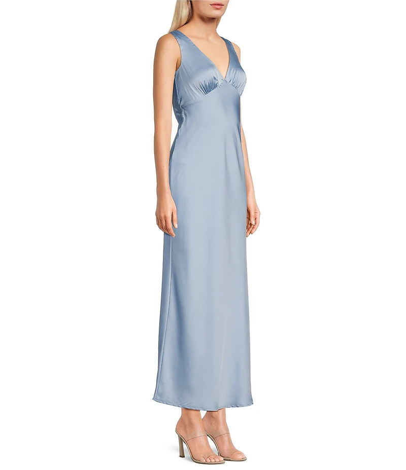 Midnight Doll Satin V-Neck Sleeveless Back Drape Dress