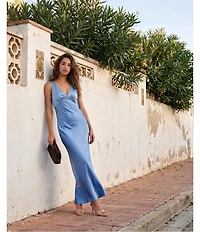 Midnight Doll Satin V-Neck Sleeveless Back Drape Dress