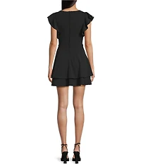 Midnight Doll Scuba Crepe Bow Accent Flutter Sleeve Double Hem Dress