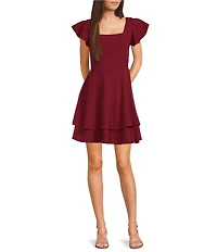 Midnight Doll Scuba Crepe Flutter Sleeve Double Hem Fit-And-Flare Dress