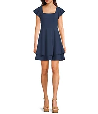 Midnight Doll Scuba Crepe Flutter Sleeve Double Hem Fit-And-Flare Dress
