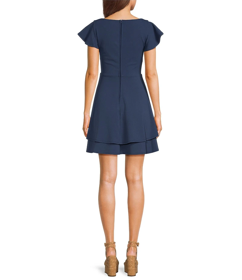 Midnight Doll Scuba Crepe Flutter Sleeve Double Hem Fit-And-Flare Dress