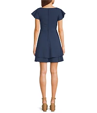 Midnight Doll Scuba Crepe Flutter Sleeve Double Hem Fit-And-Flare Dress